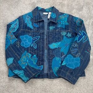 Chico's Women's 1 Medium Denim Embroidered Jacket Floral Vintage